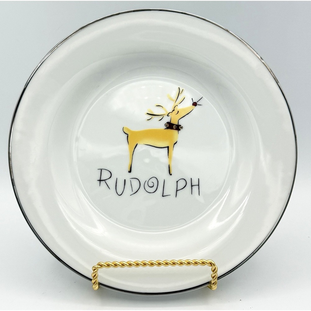 Pottery Barn Rudolph Red Nosed Reindeer 8.5" Plate Japan Retired Silver Trim EUC